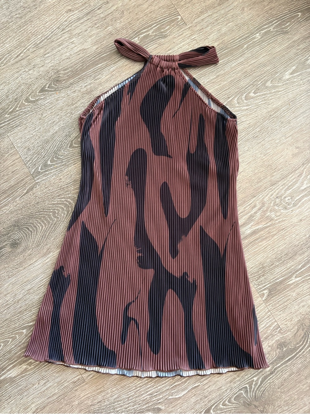Women’s Halter Neck Pleated Dress in Brown & Black
